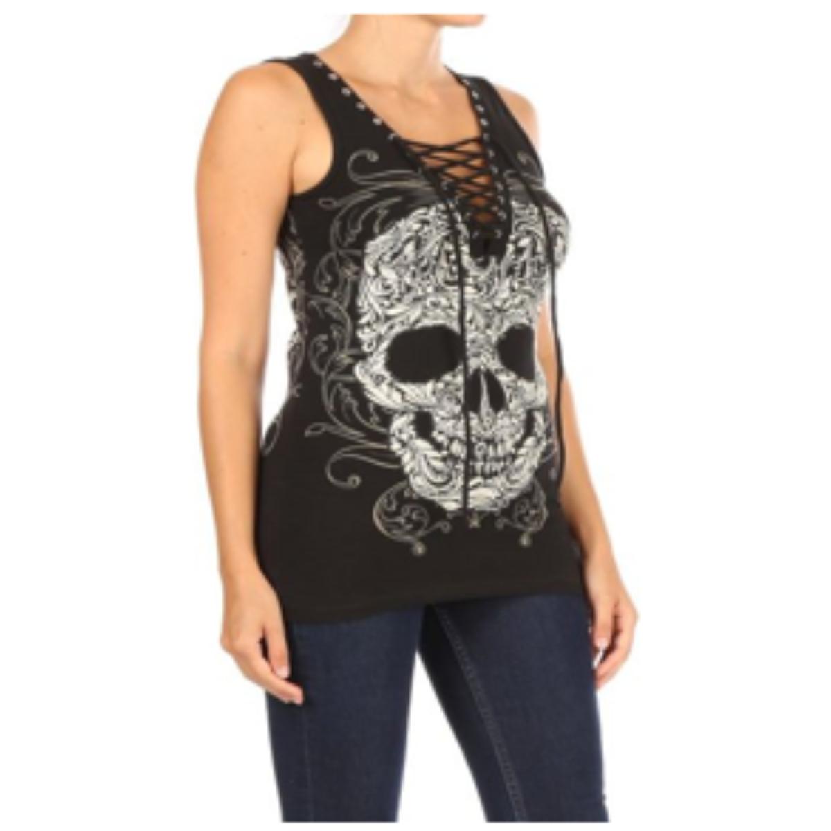 Women’s BLACK Baroque Skull Graphic Tank Top Women's Shirts PLATINUM PLUSH