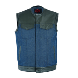 Blueburn Men's Leather & Denim Combo Motorcycle Vest (Black/Broken Blue)