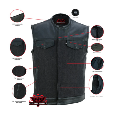 Blackfusion Men's Leather-Denim Combo Motorcycle  Vest