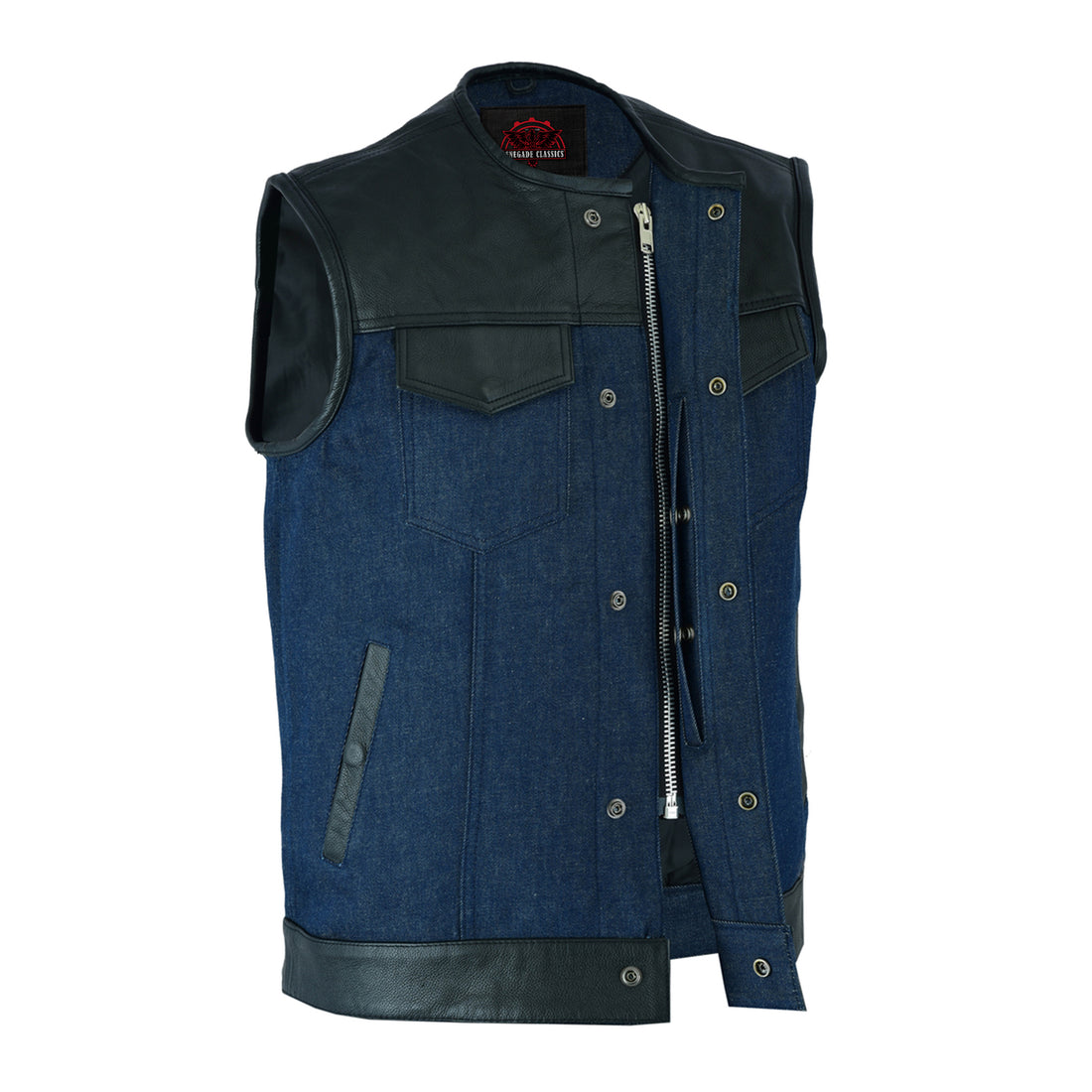 Blueburn Men's Leather & Denim Combo Motorcycle Vest (Black/Broken Blue)