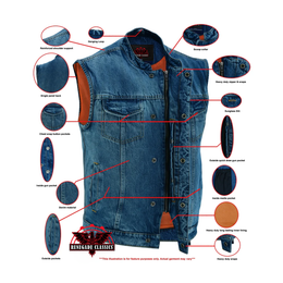 Men's Blue Denim Motorcycle Vest with Lace & Pockets