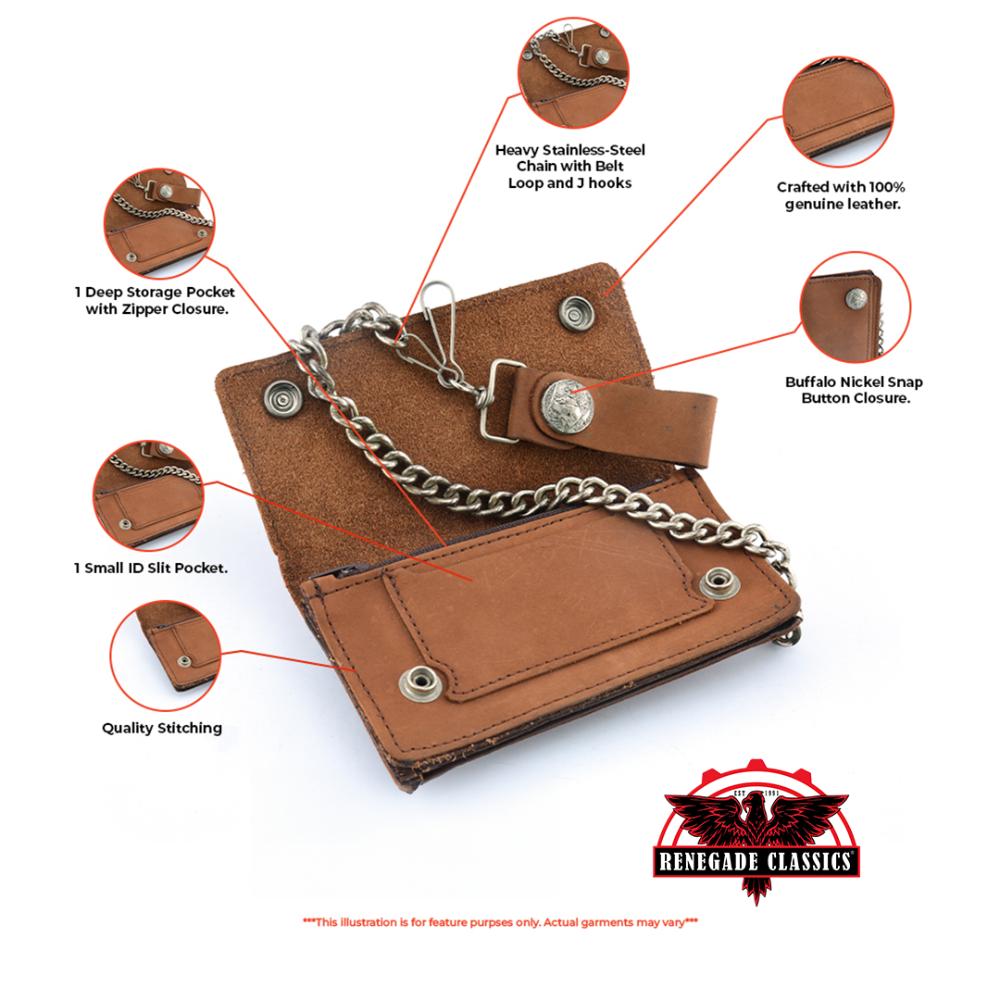 BWC231 Buffalo Nickel Snap Brown Leather Long Bi-Fold Biker Wallet Wallet Chains/Key Leash Renegade Classics