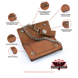 BWC231 Buffalo Nickel Snap Brown Leather Long Bi-Fold Biker Wallet Wallet Chains/Key Leash Renegade Classics