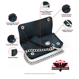 BWC232 Buffalo Nickel Snap Black Leather Long Bi-Fold Biker Wallet Wallet Chains/Key Leash Renegade Classics