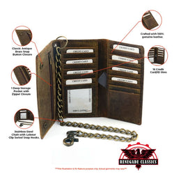 BWC233 DISTRESSED BROWN LEATHER LONG TRI-FOLD BIKER WALLET Wallet Chains/Key Leash Renegade Classics