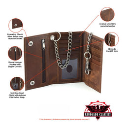 BWC234 BROWN LONG TRI-FOLD BIKER LEATHER CHAIN WALLET Wallet Chains/Key Leash Renegade Classics