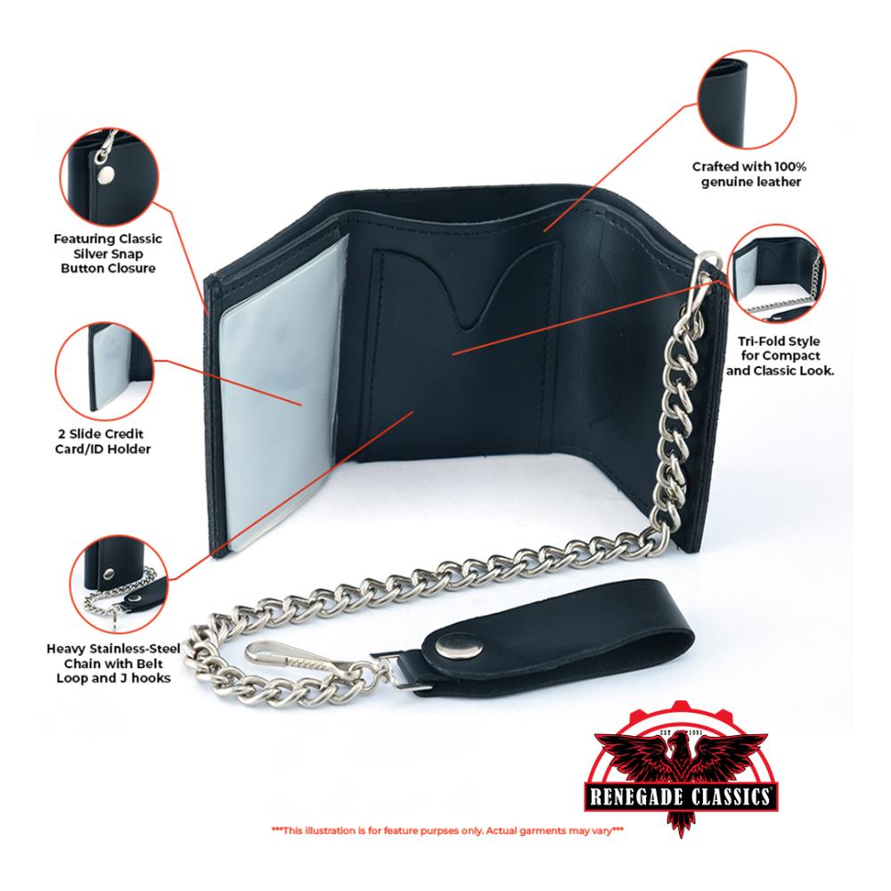 BWC235 Black Tri-Fold Genuine Leather Wallet with Chain Wallet Chains/Key Leash Renegade Classics