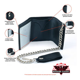 BWC235 Black Tri-Fold Genuine Leather Wallet with Chain Wallet Chains/Key Leash Renegade Classics