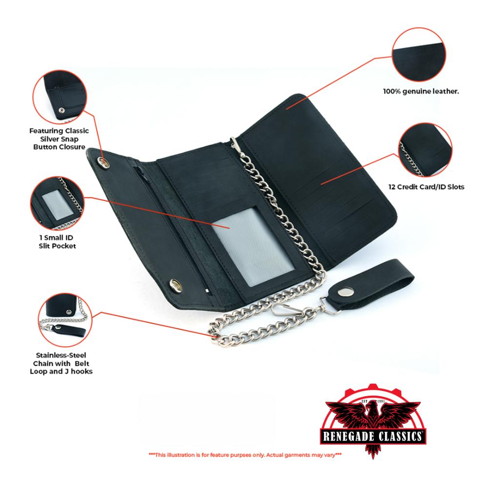BWC238 Matte Black Biker Leather Wallet with Chain Wallet Chains/Key Leash Renegade Classics