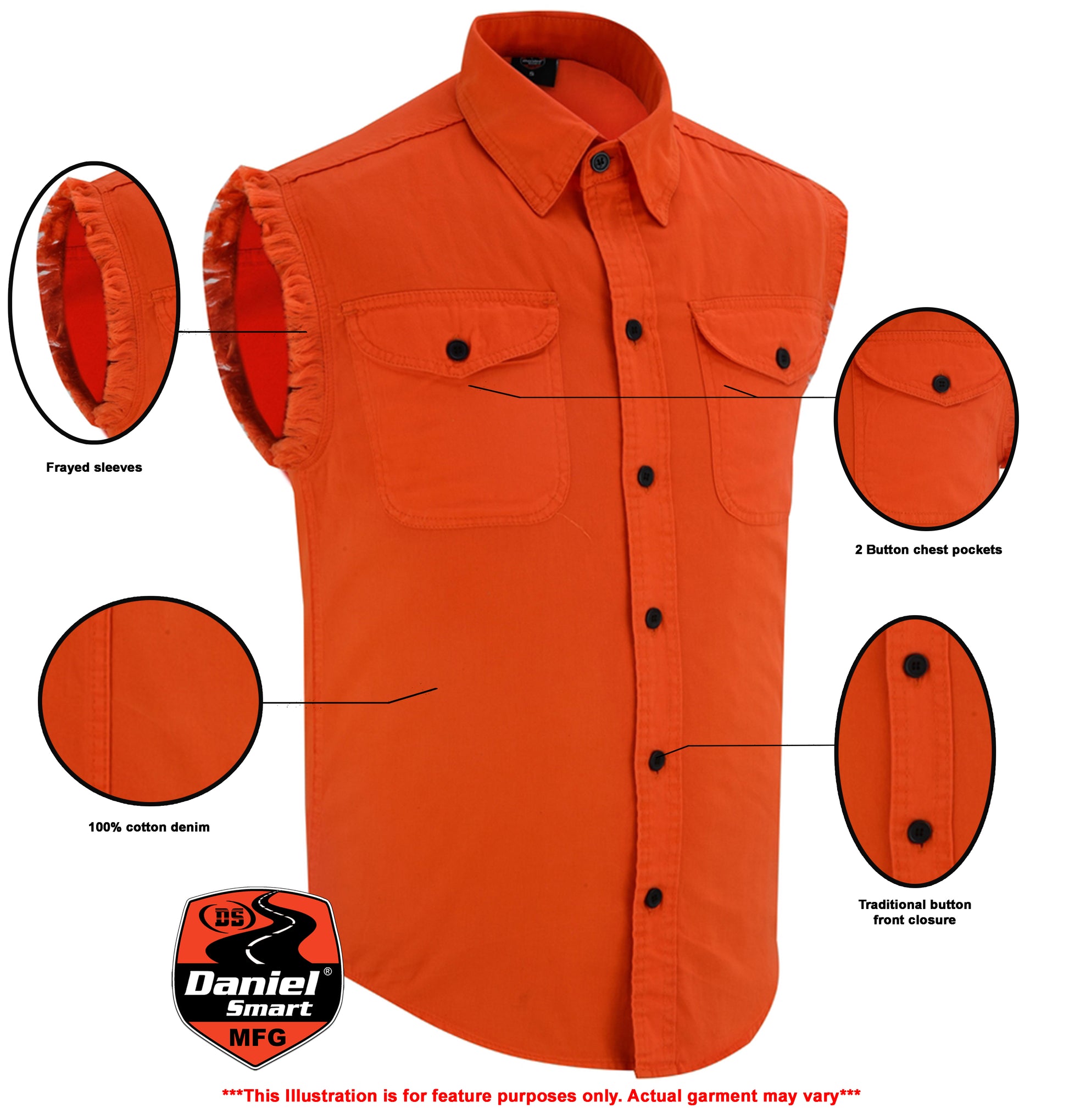 DM Men's Orange Lightweight Sleeveless Mens Denim Shirt Men's Denim Shirt Renegade Classics