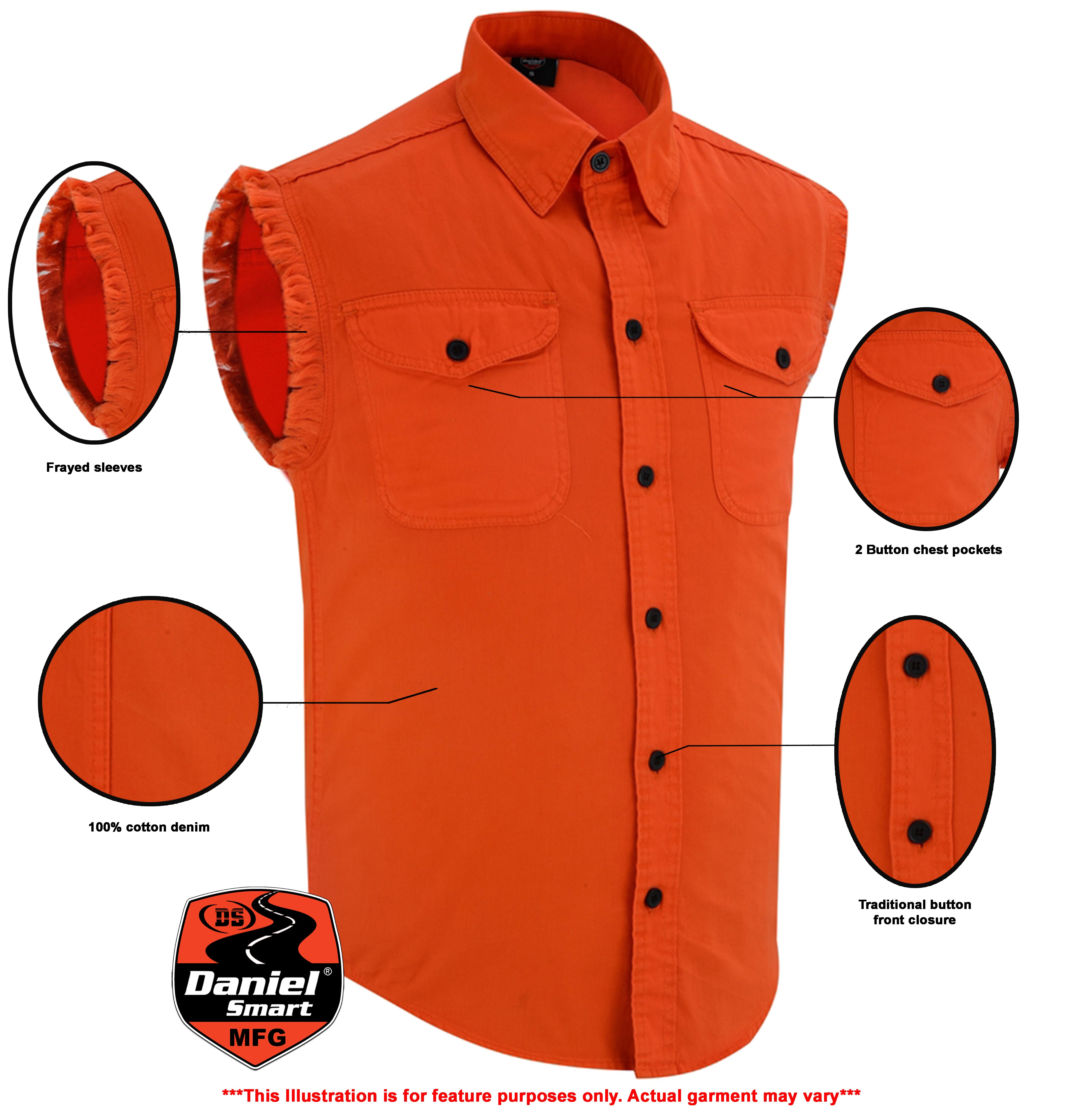 DM Men's Orange Lightweight Sleeveless Mens Denim Shirt Men's Denim Shirt Renegade Classics