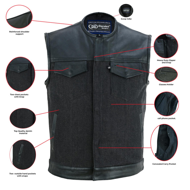 Blackfusion Men's Leather-Denim Combo Motorcycle  Vest