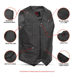 Black Stone Men's  Leather Motorcycle Vest - Black