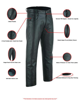 Black leather pants featuring multiple pockets, YKK zippers, and premium leather material, promoting the 'Daniel Smart MFG' collection. Text on the image reads: 'PREMIUM LEATHER PANTS - FEATURES INCLUDE YKK ZIPPERS & EASY SIZE TRIMMING'.