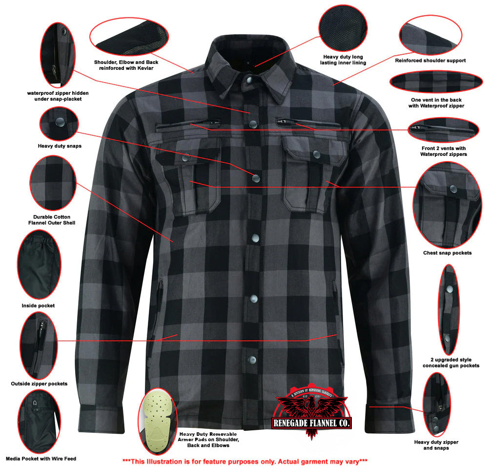 Alpha Check Men's  Armored Motorcycle Flannel Shirt - Gray/Black