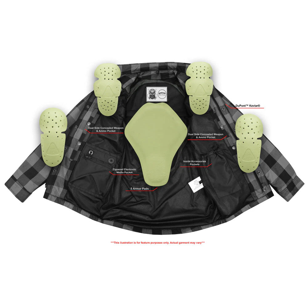 Alpha Check Men's Armored Motorcycle Flannel Shirt - Gray/Black Flannel Renegade Classics