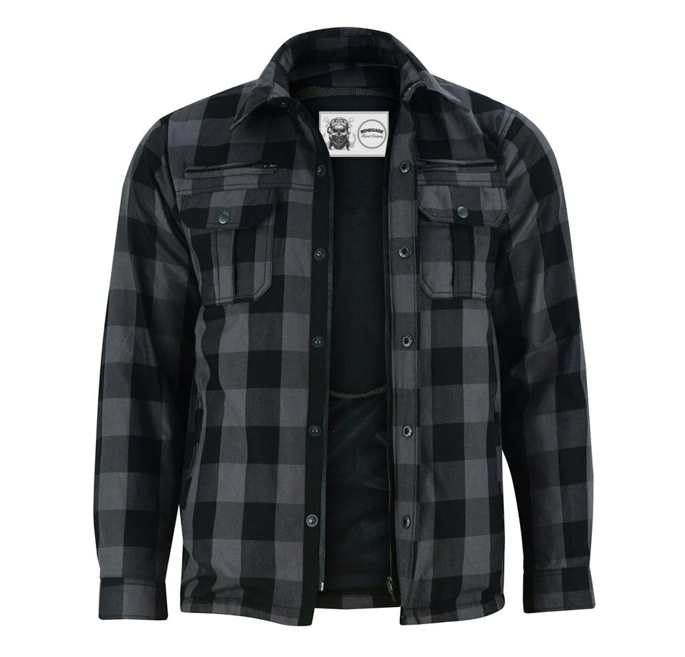 Alpha Check Men's Armored Motorcycle Flannel Shirt - Gray/Black Flannel Renegade Classics