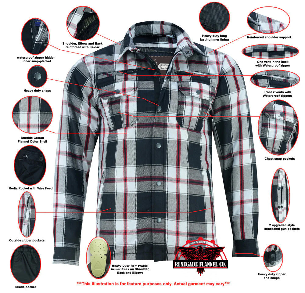 Alpha Check Men's  Armored Motorcycle Flannel Shirt - Red/Black