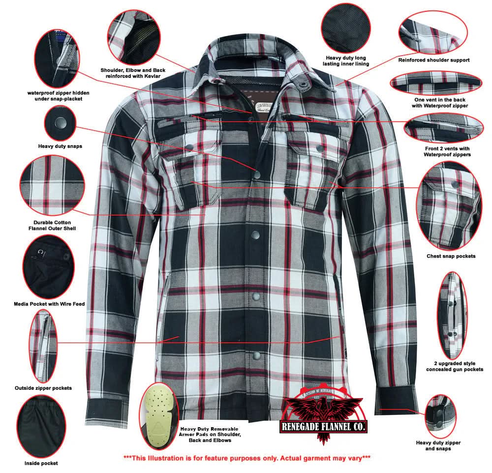 Alpha Check Men's Armored Motorcycle Flannel Shirt - Red/Black Flannel Renegade Classics