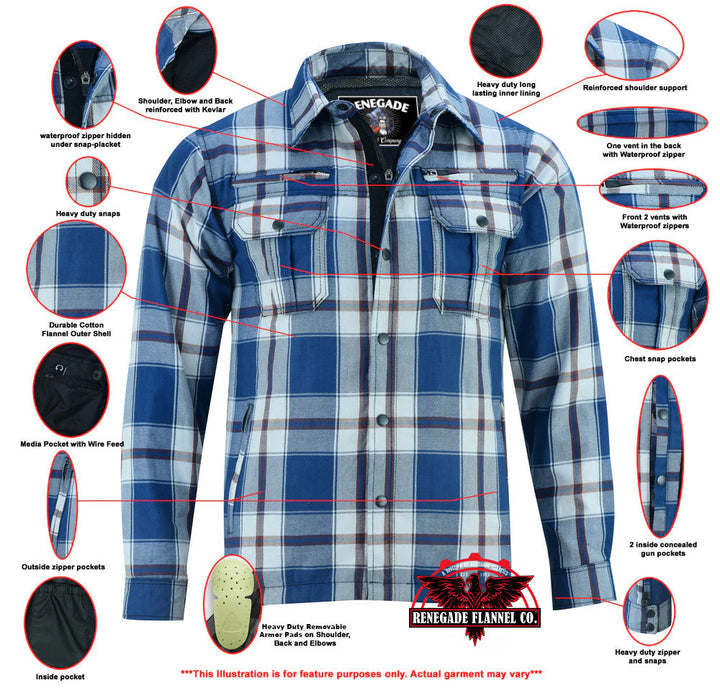 Alpha Check Men's  Armored Motorcycle Flannel Shirt - Blue/White/Maroon