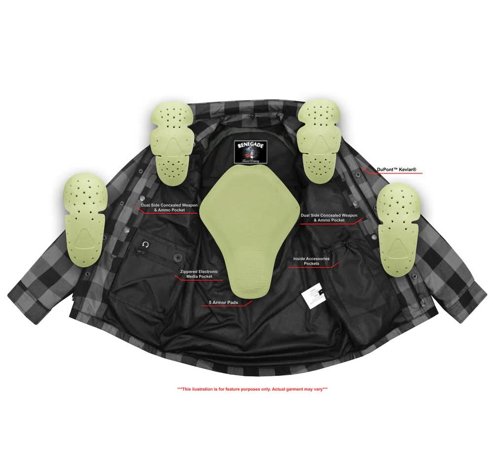 Alpha Check Men's Armored Motorcycle Flannel Shirt - Blue/White/Maroon Flannel Renegade Classics