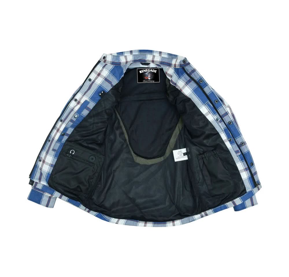 Alpha Check Men's Armored Motorcycle Flannel Shirt - Blue/White/Maroon Flannel Renegade Classics