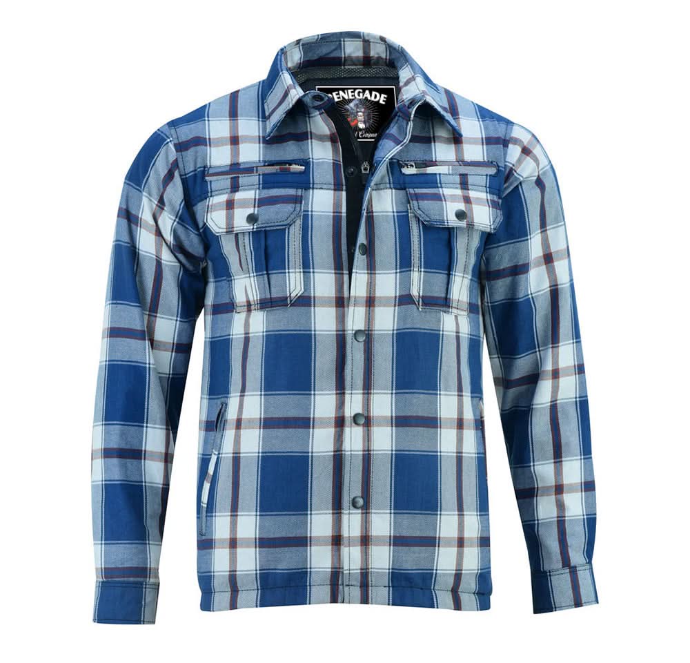 Alpha Check Men's Armored Motorcycle Flannel Shirt - Blue/White/Maroon Flannel Renegade Classics