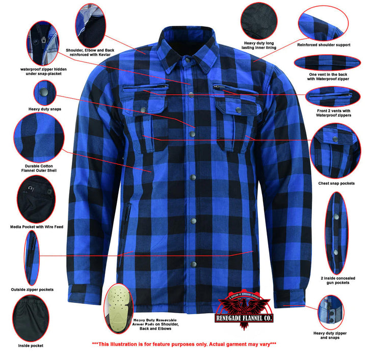 Lumberjack Men's  Armored Motorcycle Flannel Shirt - Blue