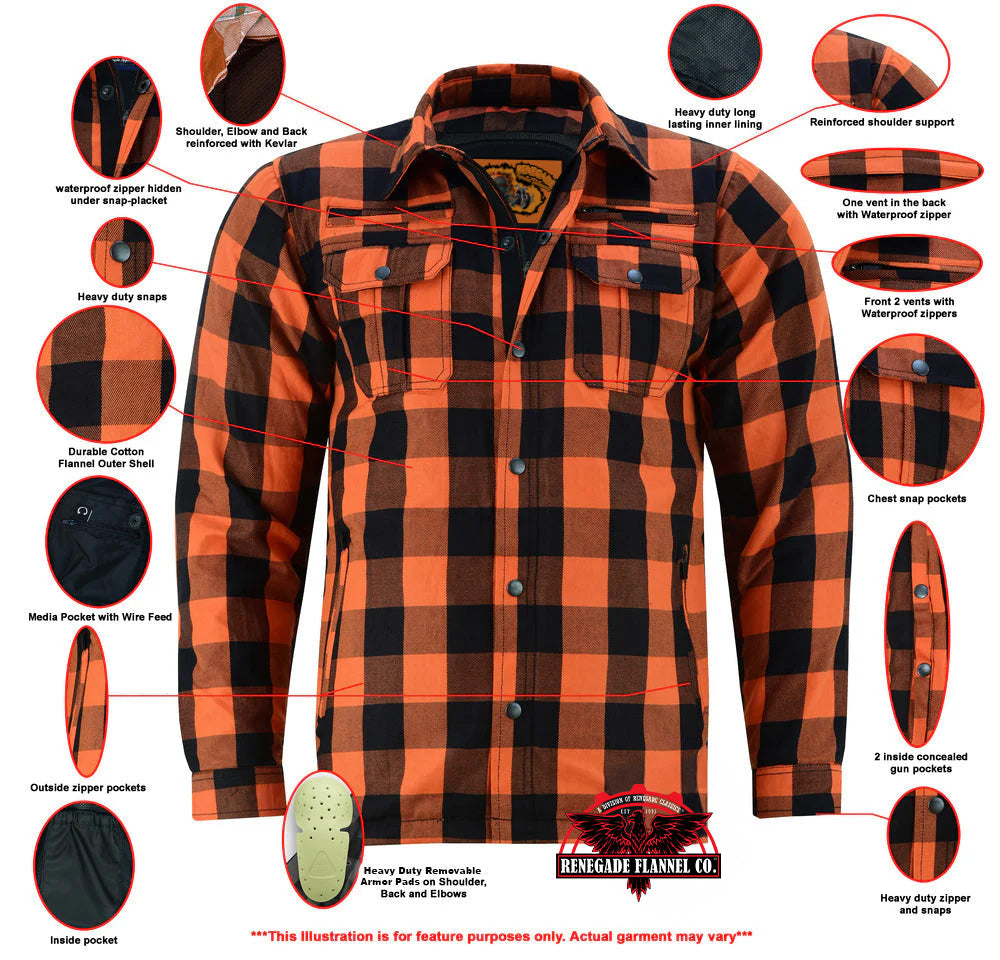 Alpha Check  Men's  Armored Motorcycle Flannel Shirt - Orange