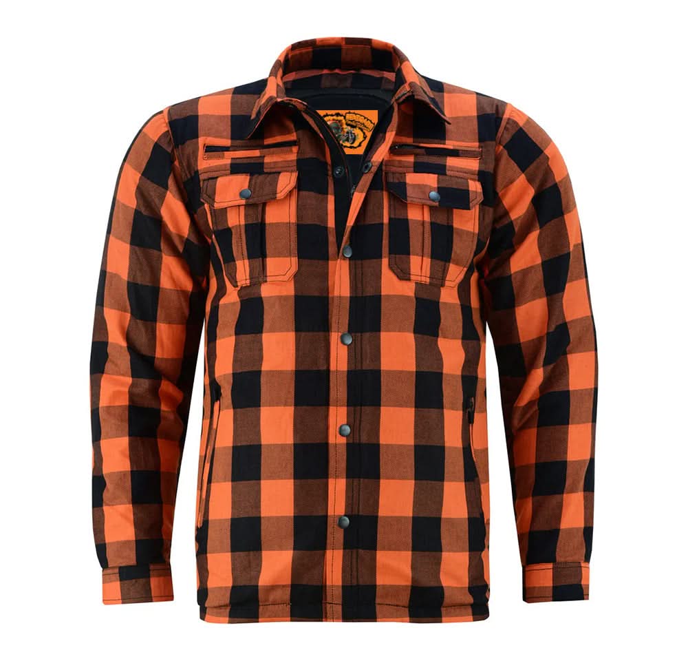 Alpha Check Men's Armored Motorcycle Flannel Shirt - Orange Flannel Renegade Classics