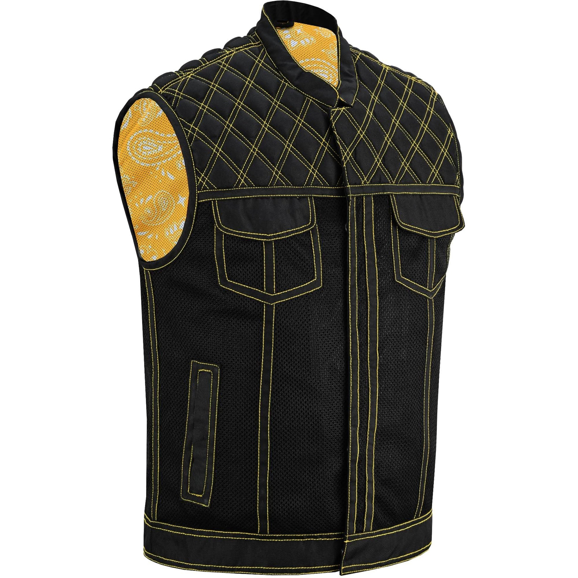 Nitro Rush Men's Black Mesh Textile Vest with Yellow Diamond Stitch Renegade Classics