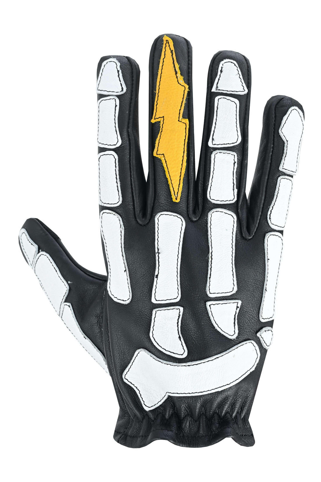 Men's Devil Hands Black, White & Yellow Skeleton Bolt Leather Gloves