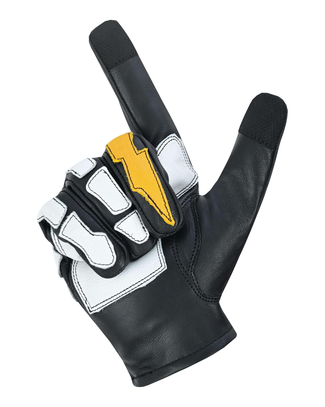 Men's Devil Hands Black, White & Yellow Skeleton Bolt Leather Gloves