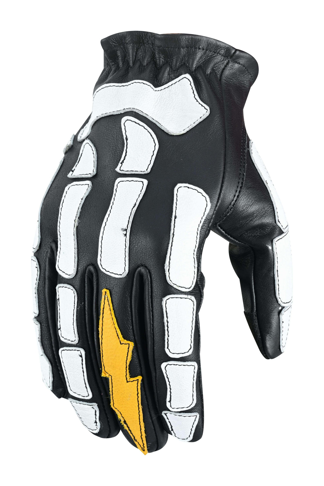 Men's Devil Hands Black, White & Yellow Skeleton Bolt Leather Gloves