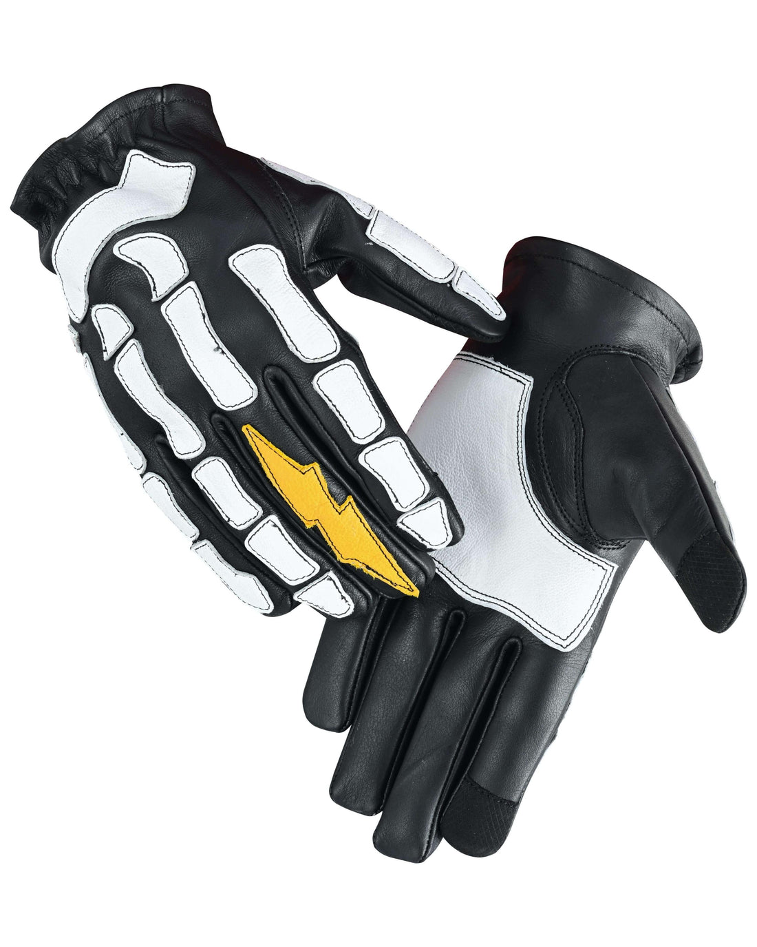 Men's Devil Hands Black, White & Yellow Skeleton Bolt Leather Gloves