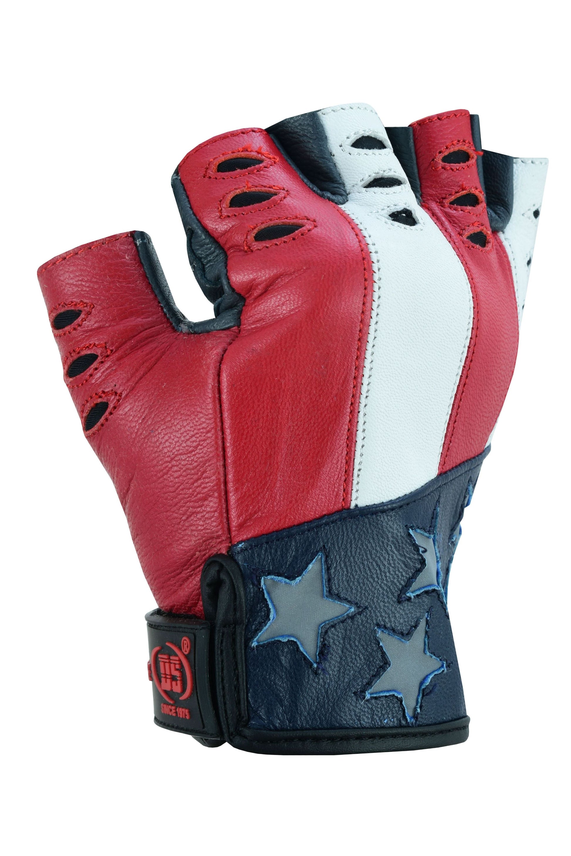 ThrottleFit Men's leather Fingerless gloves - Red, White & Blue Men's Fingerless Gloves Renegade Classics