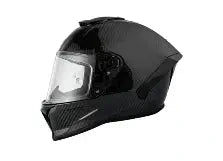 Black motorcycle helmet with clear visor on a white background