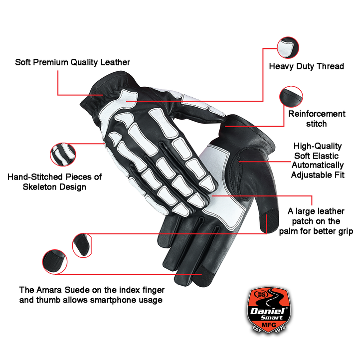 SkullTrail Men's Glow Bones Black & White Leather Skeleton Gloves