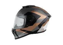 Black and brown motorcycle helmet with a clear visor on a white background