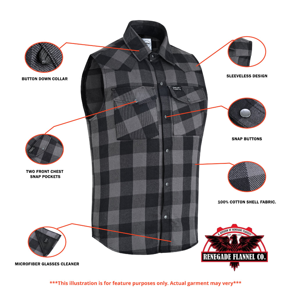 Gray Ride Men's Gray and Black Sleeveless Flannel Shirt Flannels Renegade Classics