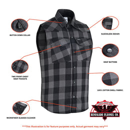 Gray Ride Men's Gray and Black Sleeveless Flannel Shirt Flannels Renegade Classics