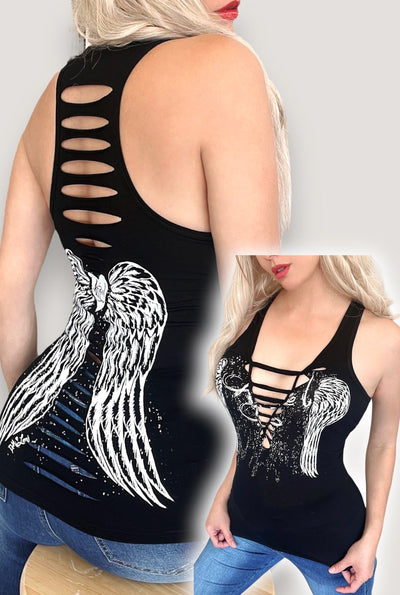 Angel Baby Distressed Wings Slashed Biker Cowgirl Festival Tank