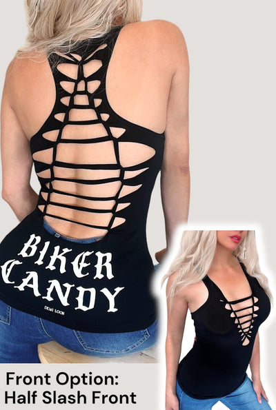 Biker Candy Graphic Back Racerback Sexy Slashed Biker Festival Tank