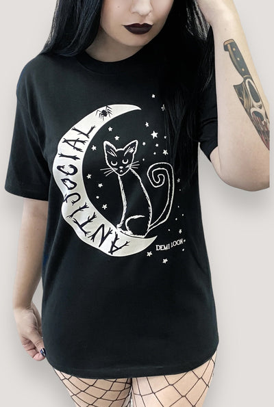 AntiSocial Cat Witch Moon Boyfriend SS Tee- Black