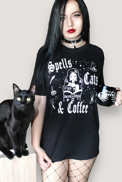 Spells Cats & Coffee Boyfriend SS Tee- Black