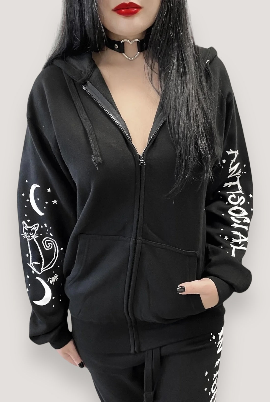 Antisocial Cat Witch Moon "Boyfriend Fit" Zipper Hoodie