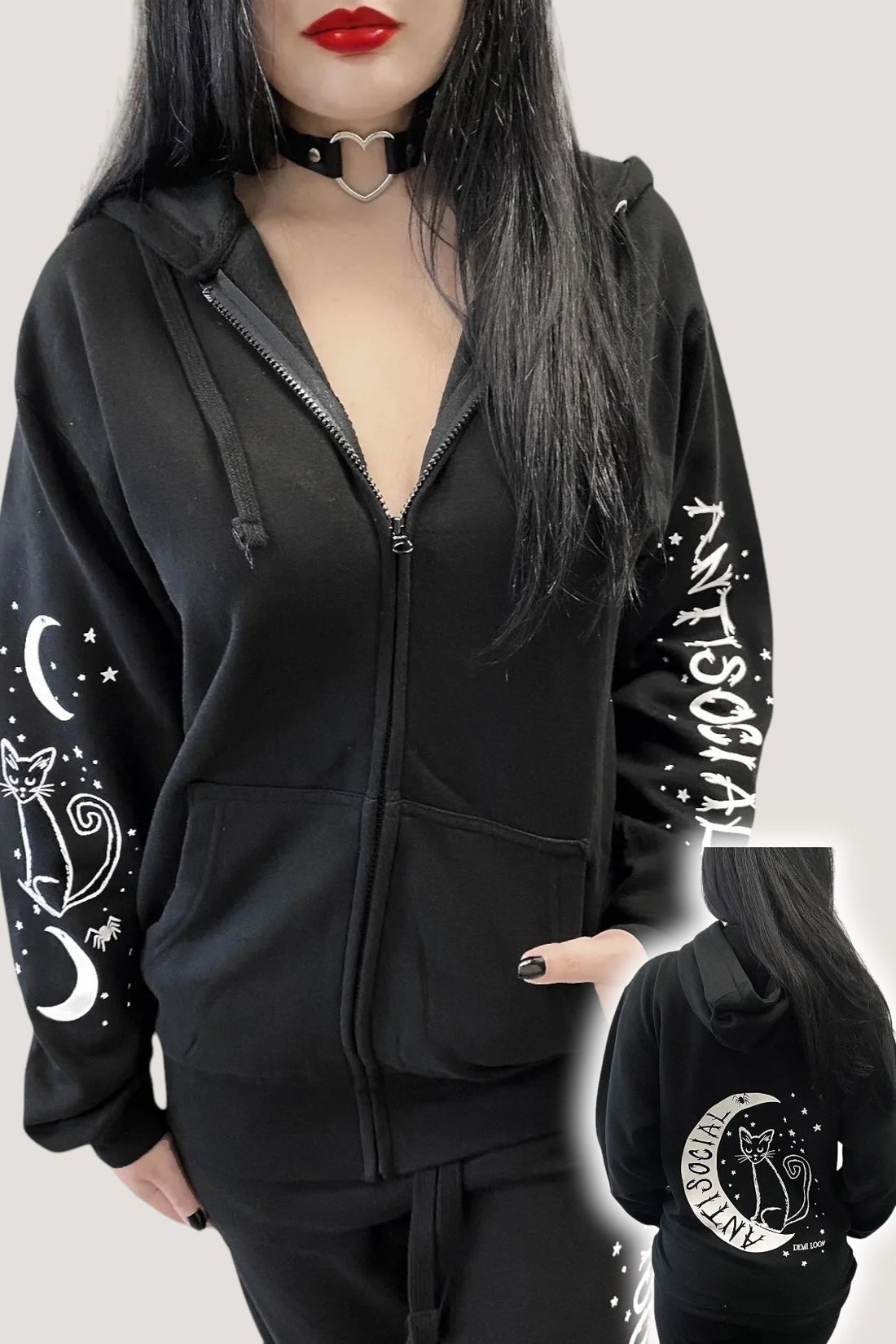 Antisocial Cat Witch Moon "Boyfriend Fit" Zipper Hoodie