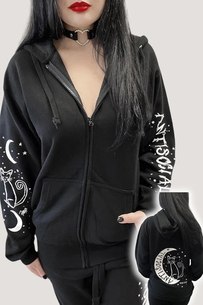 Antisocial Cat Witch Moon "Boyfriend Fit" Zipper Hoodie