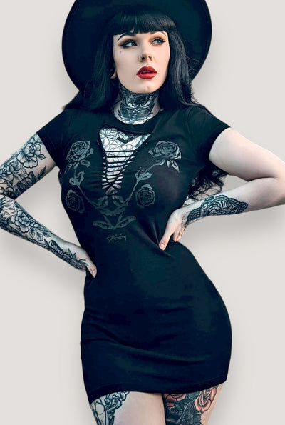 Blackout Rose Cutout Y'Allternative Gothic Cowgirl Mini Dress