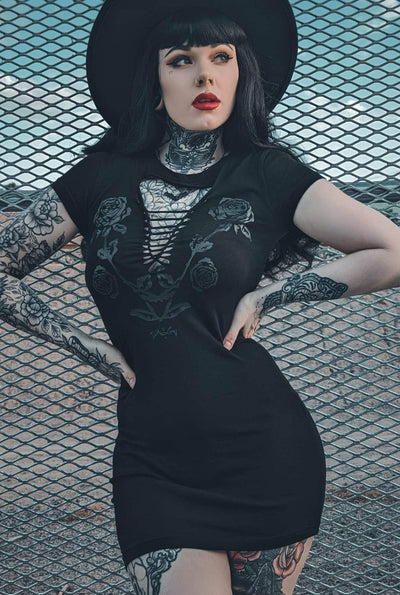 Blackout Rose Cutout Y'Allternative Gothic Cowgirl Mini Dress